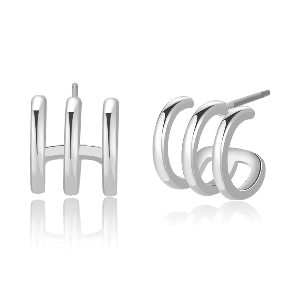 14K Gold Plated Illusion Stud Earrings for Women | Triple Huggie Hoop Earrings for One Hole| Trendy Simple Hypoallergenic Fashion Accessories Gold Jewelry Gifts for Womens
