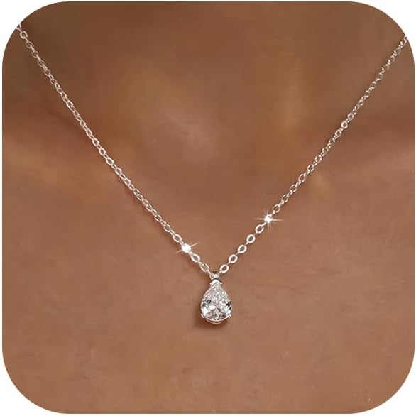 Gold Silver Necklace for Women, Dainty Cubic Zirconia Pendant | Teardrop CZ Charm, 14K Gold/Sterling Silver Plated, Adjustable Chain, Hypoallergenic & Waterproof Jewelry, Cute Trendy Gift