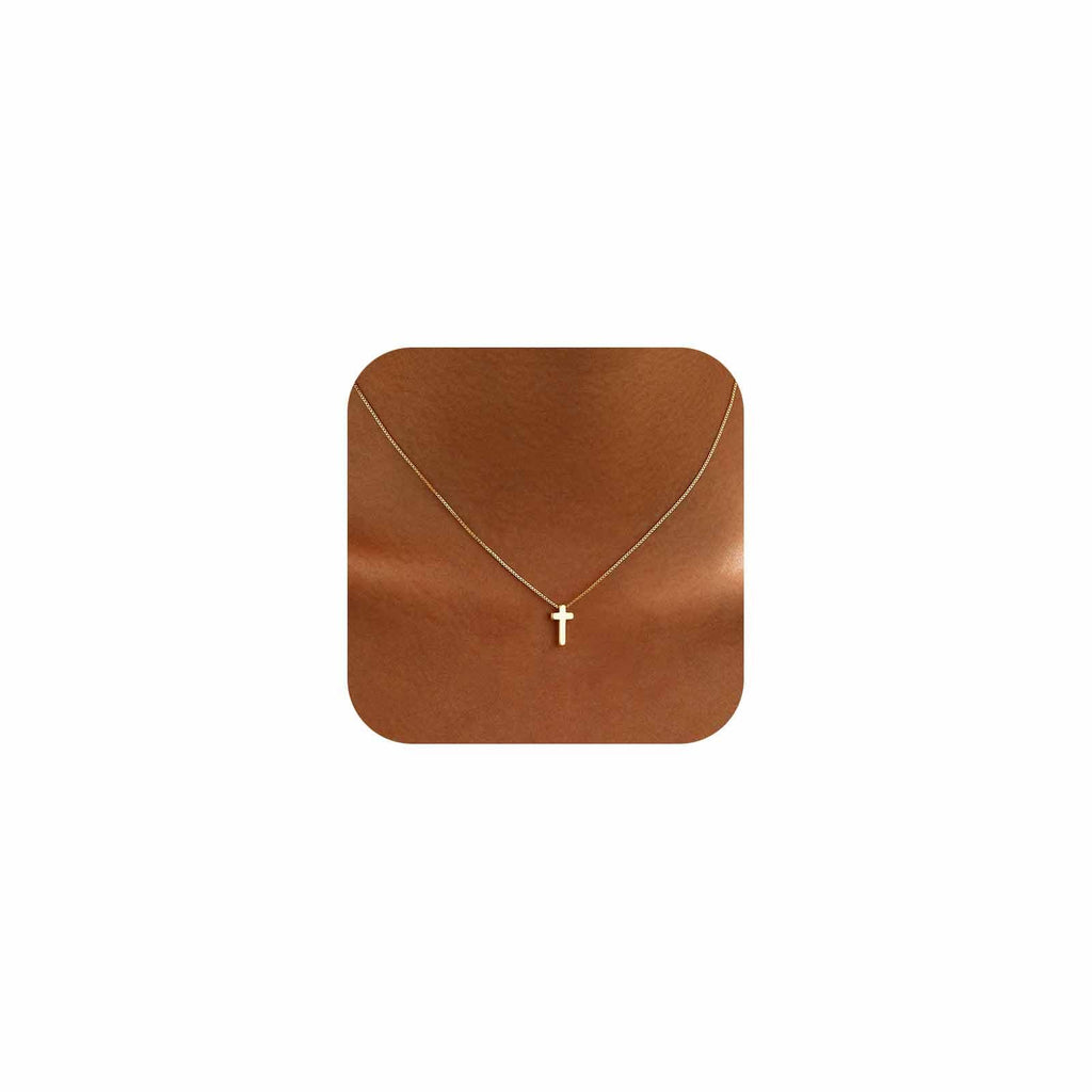 Cross Necklace for Women 14K Gold Plated Dainty Small Pendant Choker | Waterproof Simple Cross Charm, Non Tarnish Trendy Chain, Cute Basket Stuffers Baptism Religious Faith Jewelry Gift for Her