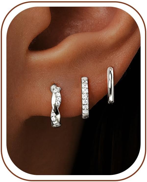 Inerney 14K Gold Plated Huggie Hoop Earrings for Women, Small Sterling Silver Earring Set Hypoallergenic Cartilage Helix Stacks, Mini Dainty Cute Trendy Birthstone Jewelry Gift for Multiple Piercings
