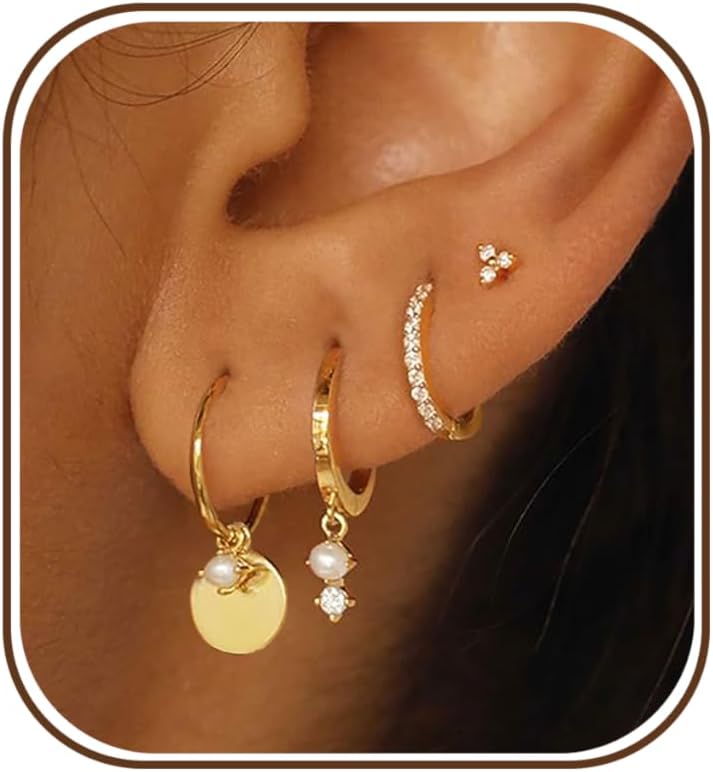 Gold Earrings for Women, Dainty Earring Stacks 14K Gold Plated Huggie Earrings for Women Trendy Hypoallergenicc Unique Dangle Drop Earrings Set Cute Small Huggie Hoop Earrings Womens Jewelry
