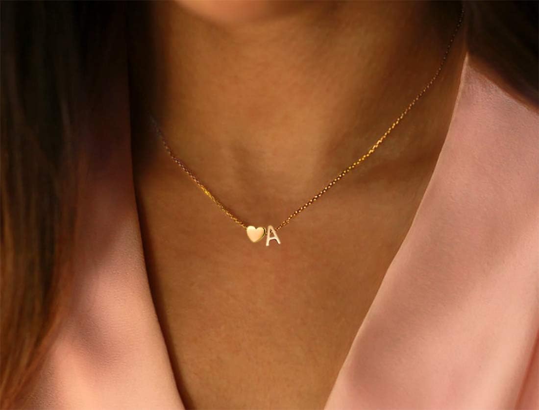 Glimmerst Initial Heart Necklace 18K Gold Plated Stainless Steel Tiny Heart Letter Necklace Personalized Monogram Name Necklace for Women