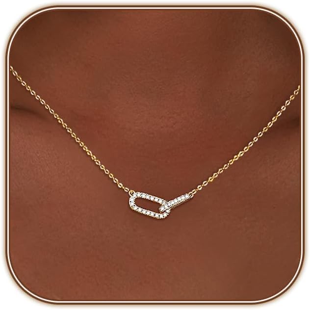 HERIER Diamond Pendant Necklace for Women, Dainty Gold Necklace 14k Gold Plated Paperclip Choker Necklaces Cute Open Oval Necklaces Simple Gold Necklace Jewelry Gifts for Women Trendy