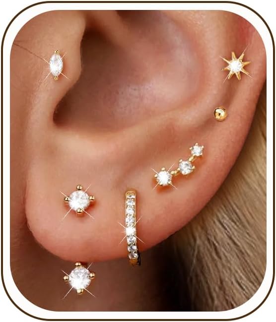 6 Pairs 14K Gold Plated Stud Earrings for Women, CZ Cartilage Stack Set | Hypoallergenic, Small Cartilage Earrings, Multiple Piercing, Dainty Stacks, Lightweight for Daily Wear, Jewelry Gift