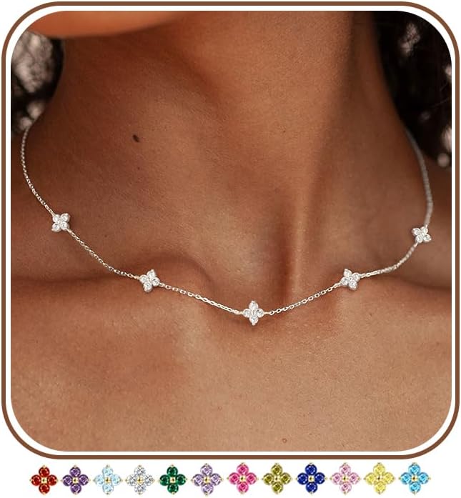 Dainty Clover Birthstone Gold Necklaces for Women Trendy Non Tarnish | 14K Gold Plated Necklace Stack, Layered Station Choker Necklace for Women, Prom Wedding Jewelry, Friendship Cute Flower Gifts