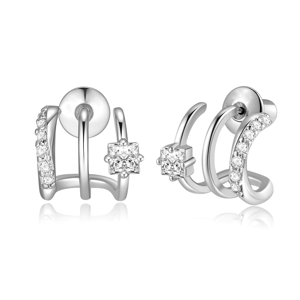 14K Gold Plated Illusion Stud Earrings for Women | Triple Huggie Hoop Earrings for One Hole| Trendy Simple Hypoallergenic Fashion Accessories Gold Jewelry Gifts for Womens