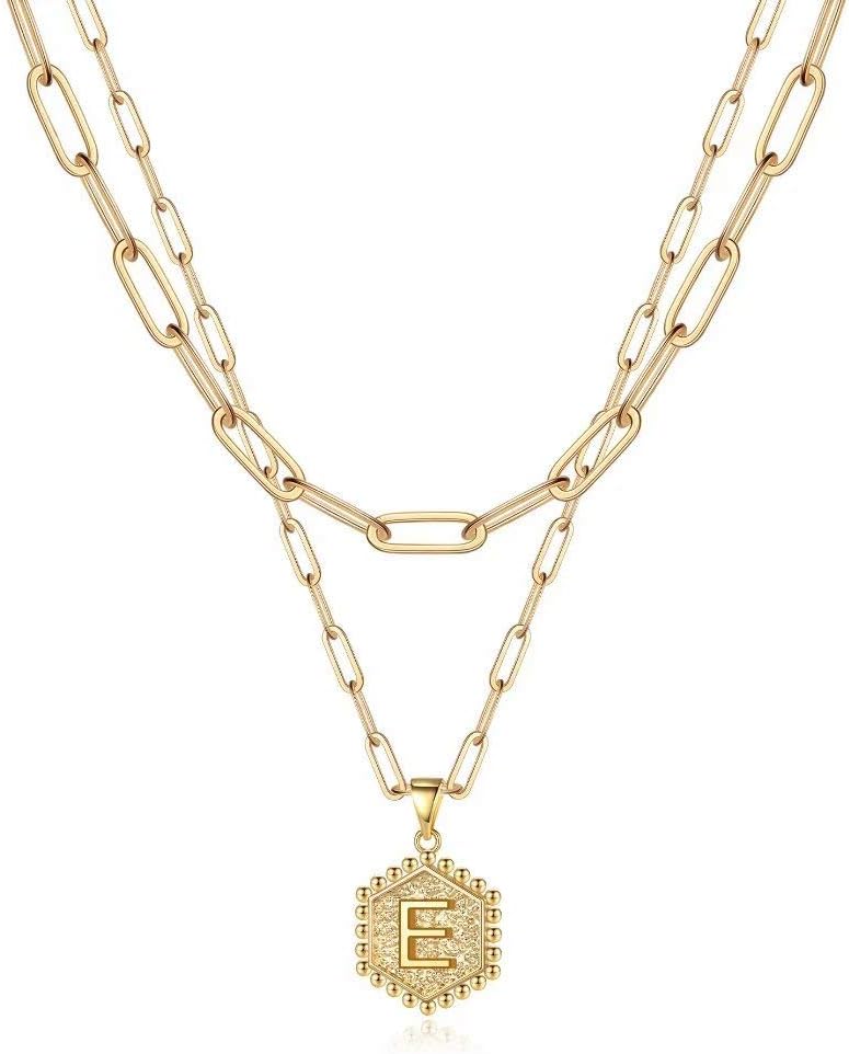 M MOOHAM Dainty Initial Necklaces for Women, 14K-Gold-Plated Layering Necklace for Women Cute Hexagon Letter Initial Necklace Layered Necklaces for Womens Teen Girl Gifts