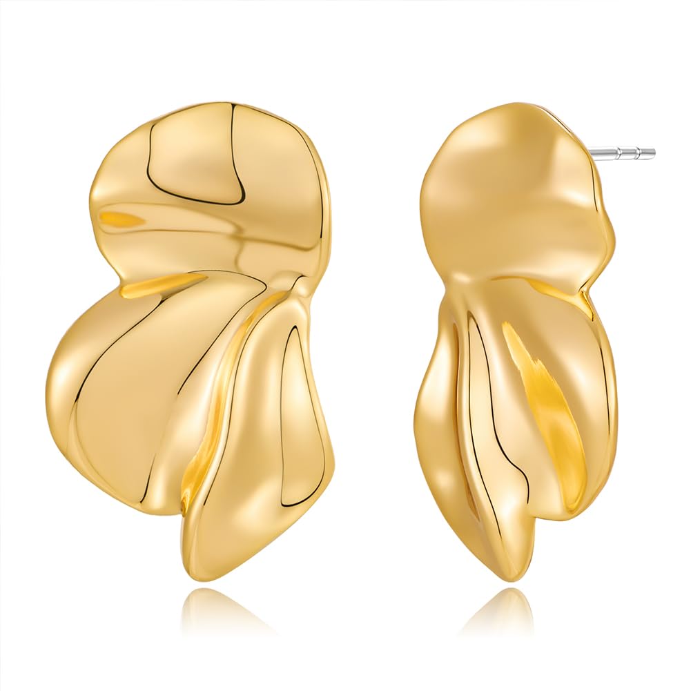 Chunky Gold Statement Earrings For Women Gold Plated Sectored Flower Leaf Shell Angel Wing Earrings Trendy Boho Jewelry For Women Large Stud Earrings Hypoallergenic Earrings Gold Jewelry Gift