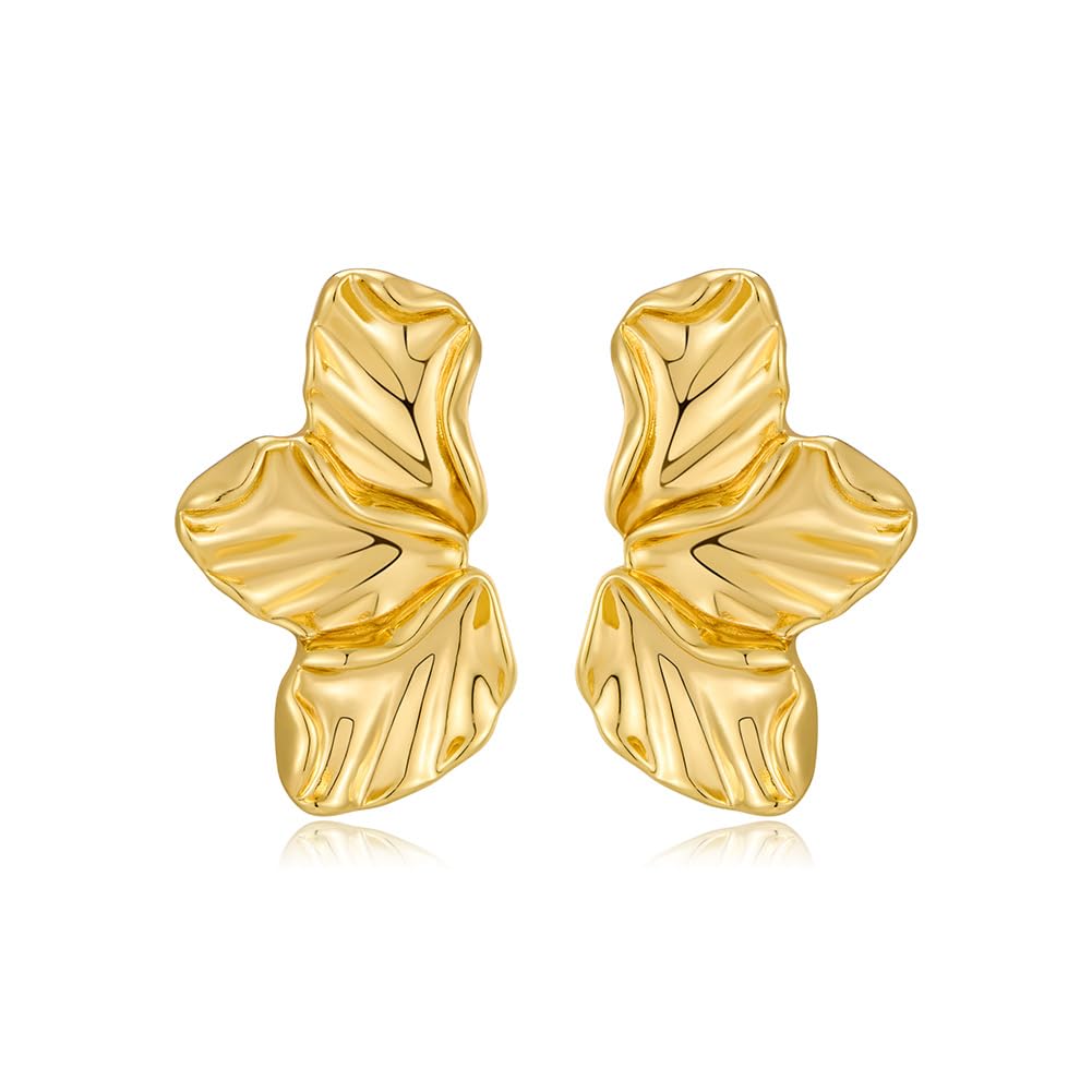 Chunky Gold Statement Earrings For Women Gold Plated Sectored Flower Leaf Shell Angel Wing Earrings Trendy Boho Jewelry For Women Large Stud Earrings Hypoallergenic Earrings Gold Jewelry Gift