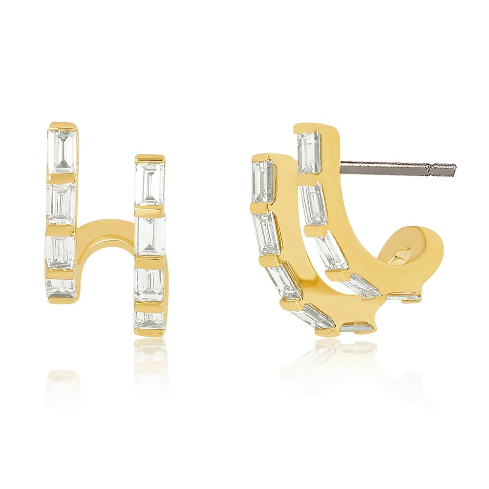 14K Gold Plated Illusion Stud Earrings for Women | Triple Huggie Hoop Earrings for One Hole| Trendy Simple Hypoallergenic Fashion Accessories Gold Jewelry Gifts for Womens