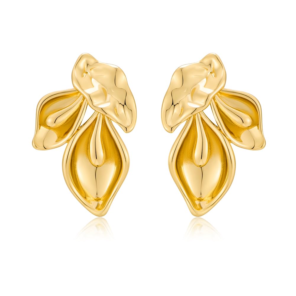 Chunky Gold Statement Earrings For Women Gold Plated Sectored Flower Leaf Shell Angel Wing Earrings Trendy Boho Jewelry For Women Large Stud Earrings Hypoallergenic Earrings Gold Jewelry Gift
