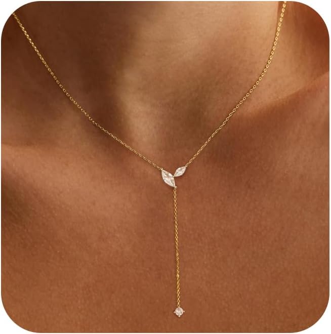 Long Necklaces for Women Trendy, 14K Gold Plated CZ Drop Necklace | Dainty Gold Necklace, Simple CZ Y Shaped Lariat Necklace, Statement Western Necklace, Non Tarnish Gold Jewelry Gifts