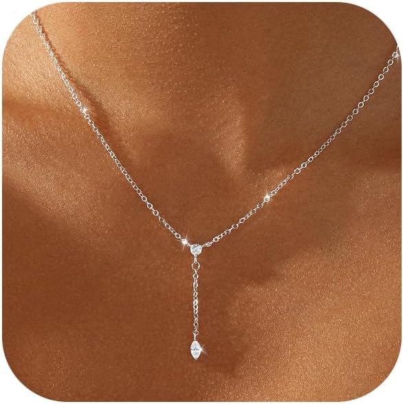 Silver Necklace for Women Dainty Long Y Lariat CZ Leaf Drop Jewelry | Silver Plated Y-Shaped Chain, Cubic Zirconia Leaf Pendant, Trendy Simple Prom Wedding Summer Jewelry Gifts