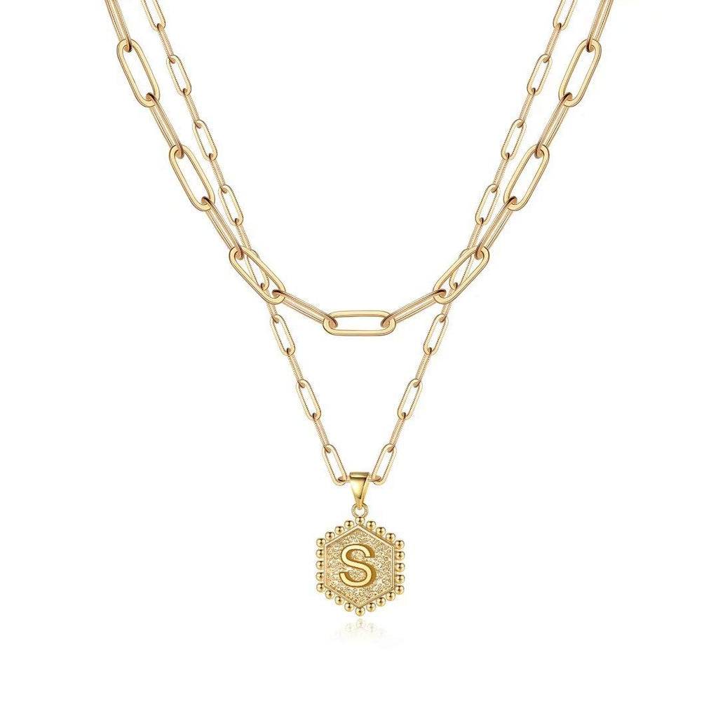M MOOHAM Dainty Initial Necklaces for Women, 14K-Gold-Plated Layering Necklace for Women Cute Hexagon Letter Initial Necklace Layered Necklaces for Womens Teen Girl Gifts