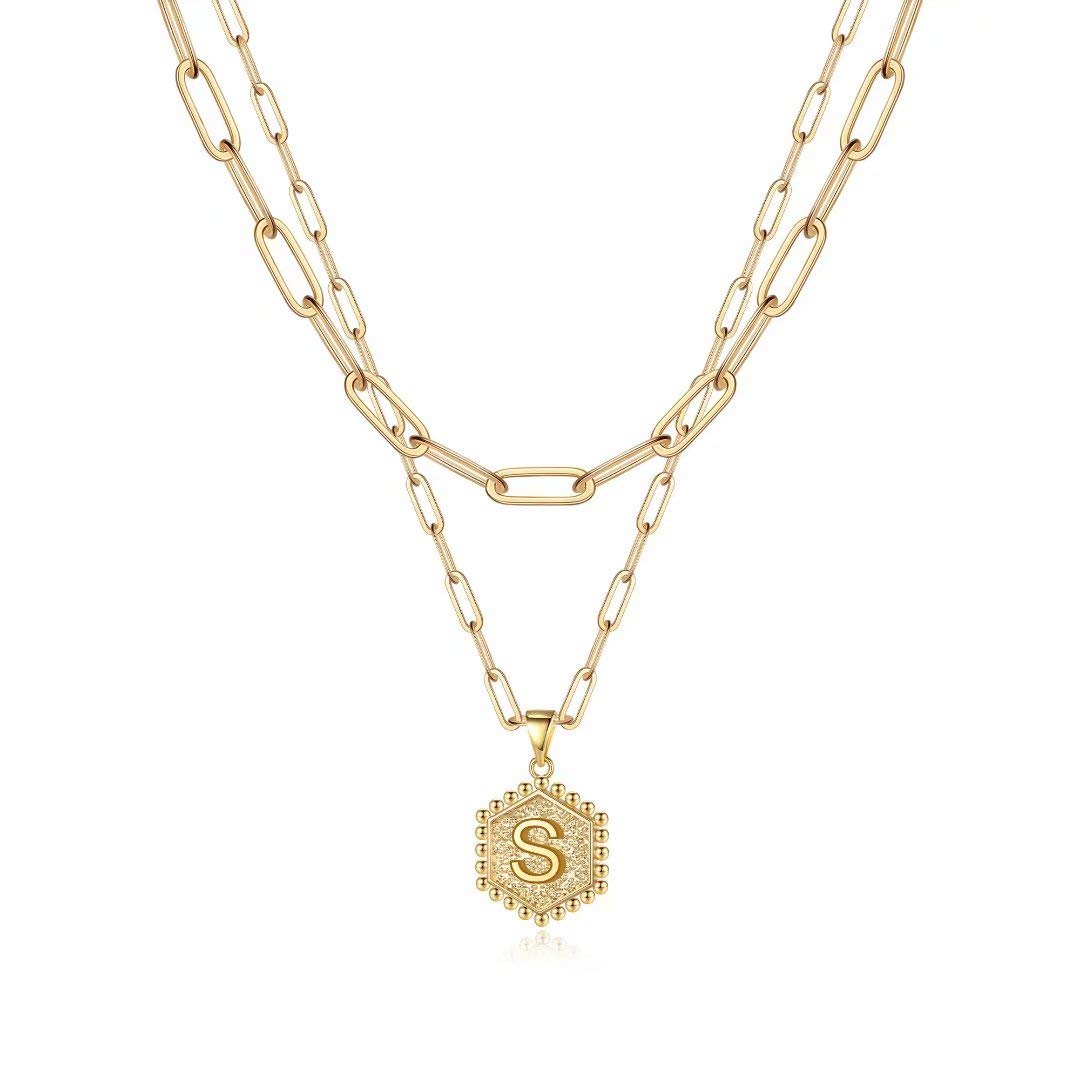 M MOOHAM Dainty Initial Necklaces for Women, 14K-Gold-Plated Layering Necklace for Women Cute Hexagon Letter Initial Necklace Layered Necklaces for Womens Teen Girl Gifts