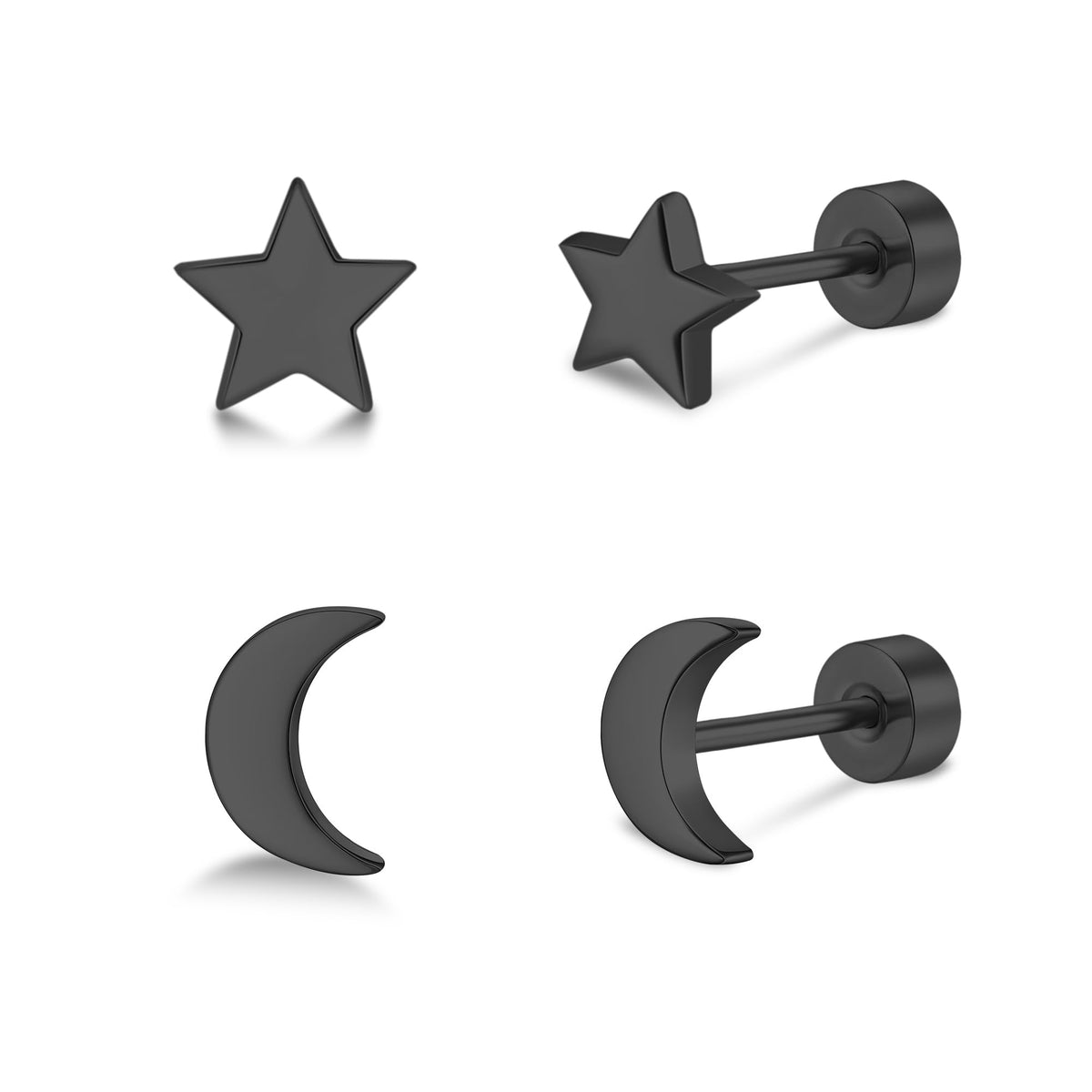 2 Pairs Flat Back Earrings Women, Titanium Star and Moon Earrings, Heart & CZ Flatback Stud, Butterfly & Lightning Screw Back, Crosses and Triangles Stud, Gold/Pink/Silver/Black Options