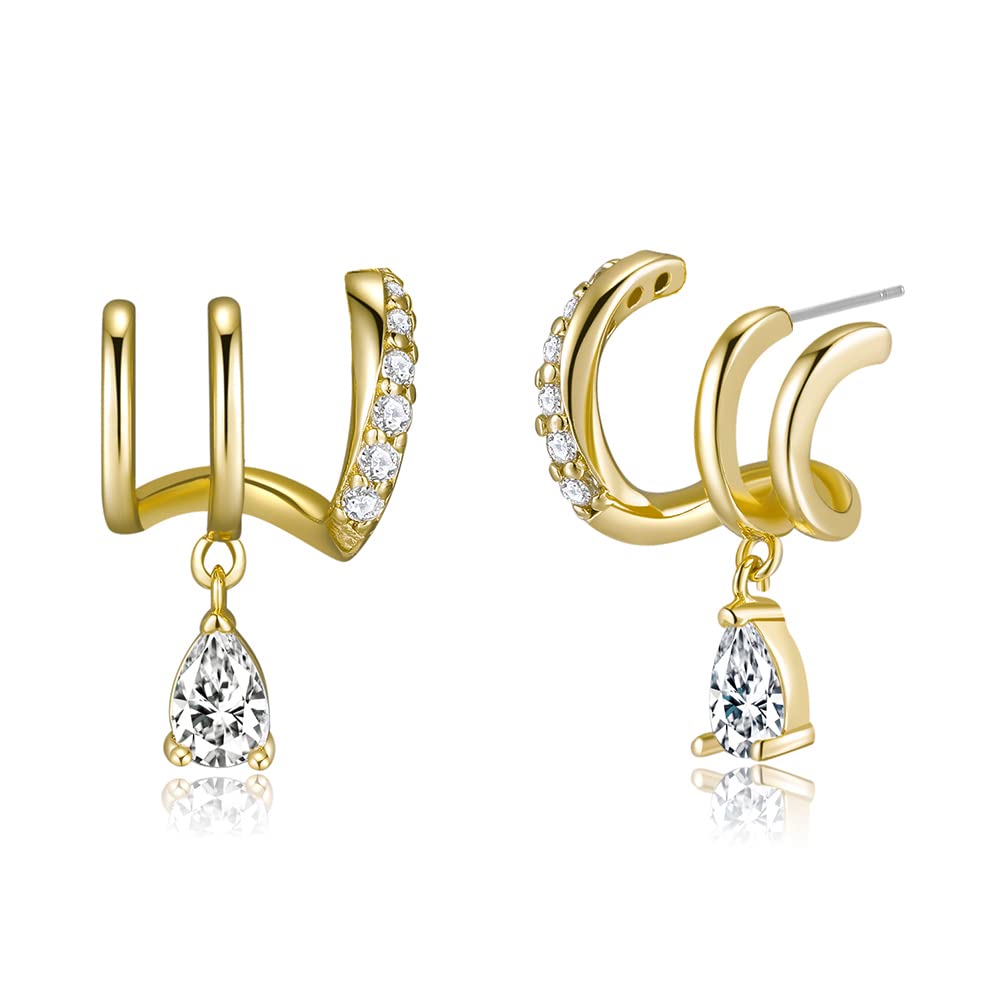 14K Gold Plated Illusion Stud Earrings for Women | Triple Huggie Hoop Earrings for One Hole| Trendy Simple Hypoallergenic Fashion Accessories Gold Jewelry Gifts for Womens