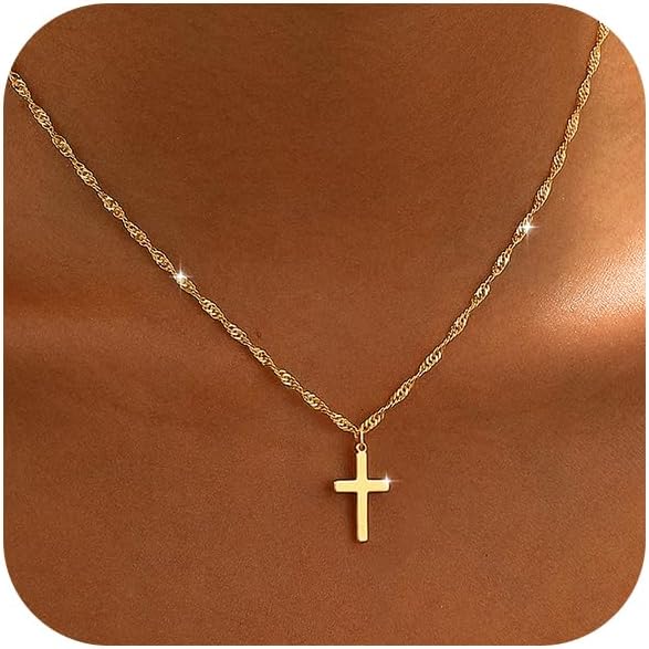 Cross Necklace for Women 14K Gold Plated Dainty Small Pendant Choker | Waterproof Simple Cross Charm, Non Tarnish Trendy Chain, Cute Basket Stuffers Baptism Religious Faith Jewelry Gift for Her