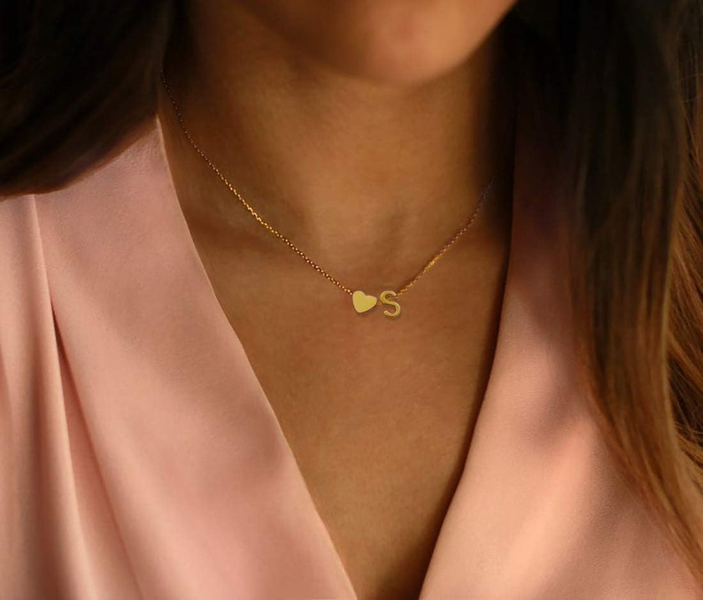 Glimmerst Initial Heart Necklace 18K Gold Plated Stainless Steel Tiny Heart Letter Necklace Personalized Monogram Name Necklace for Women