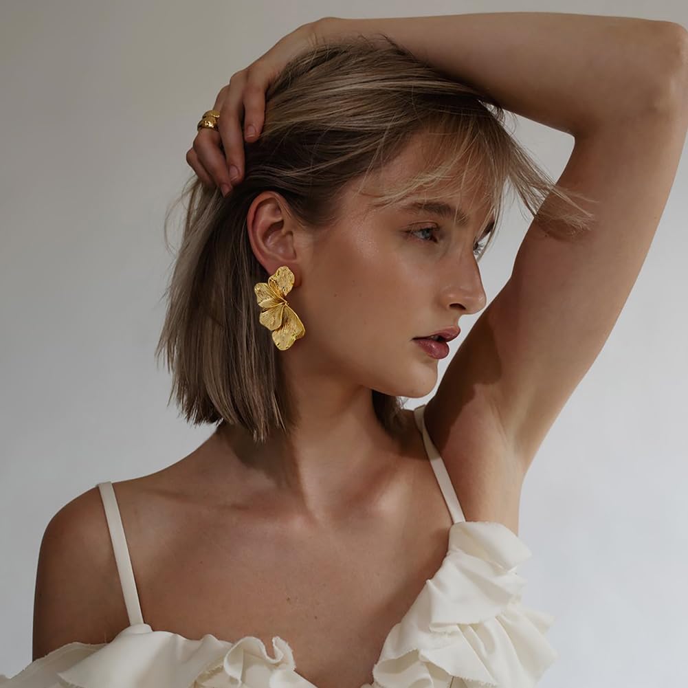 Chunky Gold Statement Earrings For Women Gold Plated Sectored Flower Leaf Shell Angel Wing Earrings Trendy Boho Jewelry For Women Large Stud Earrings Hypoallergenic Earrings Gold Jewelry Gift