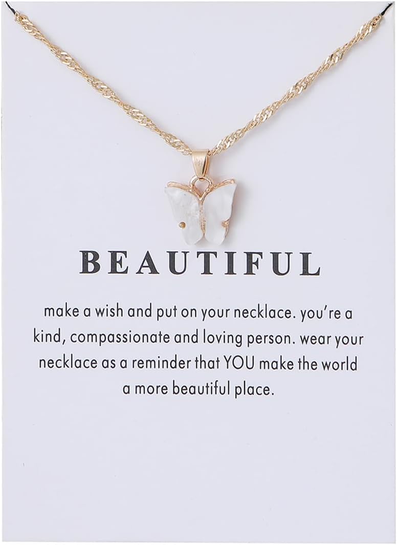 Caiyao Sweet Cute Colorful Butterfly Adjustable Clavicle Chain Lightweight Arcylic Insect Necklace with Message Card Friendship Good Luck Bohemian Jewelry for Women