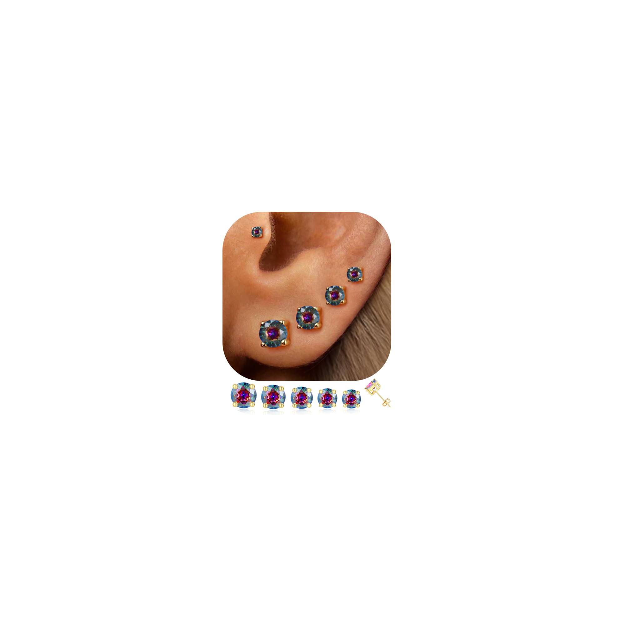 5 Pairs 14K Gold Plated Stud Earrings for Women, CZ Multiple Piercing Set | Hypoallergenic CZ Stud Earrings Set, 3-7mm Cubic Zirconia, Lightweight Comfortable Studs, Non Tarnish Jewelry, Gift for Women