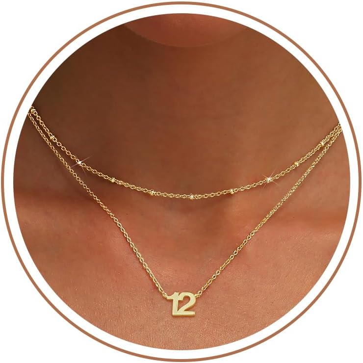 Number Necklace for Women, 14K Gold Plated Layered Chain Number Pendant Jewelry Gifts for Sister Mom Girlfriend Daughter
