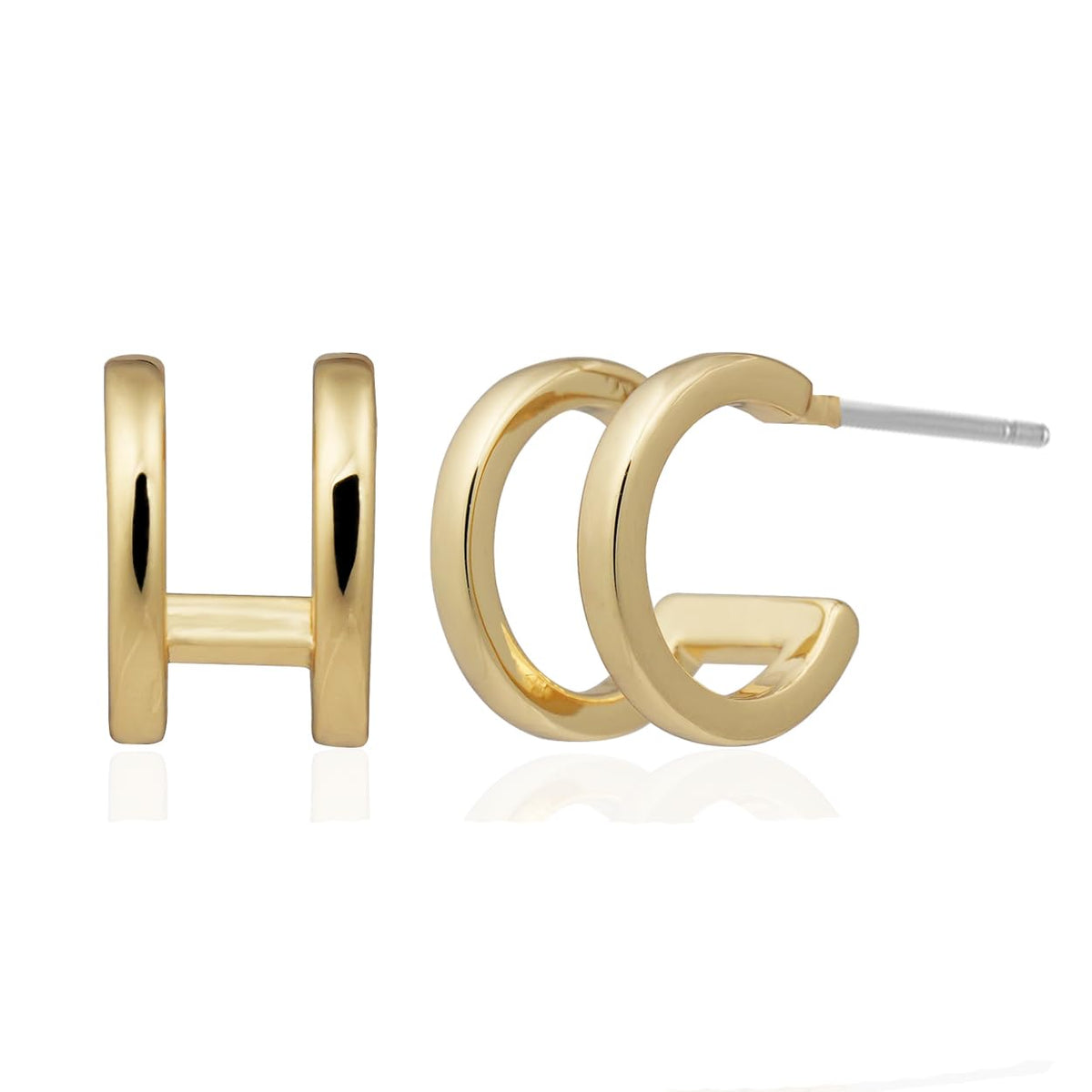 14K Gold Plated Illusion Stud Earrings for Women | Triple Huggie Hoop Earrings for One Hole| Trendy Simple Hypoallergenic Fashion Accessories Gold Jewelry Gifts for Womens