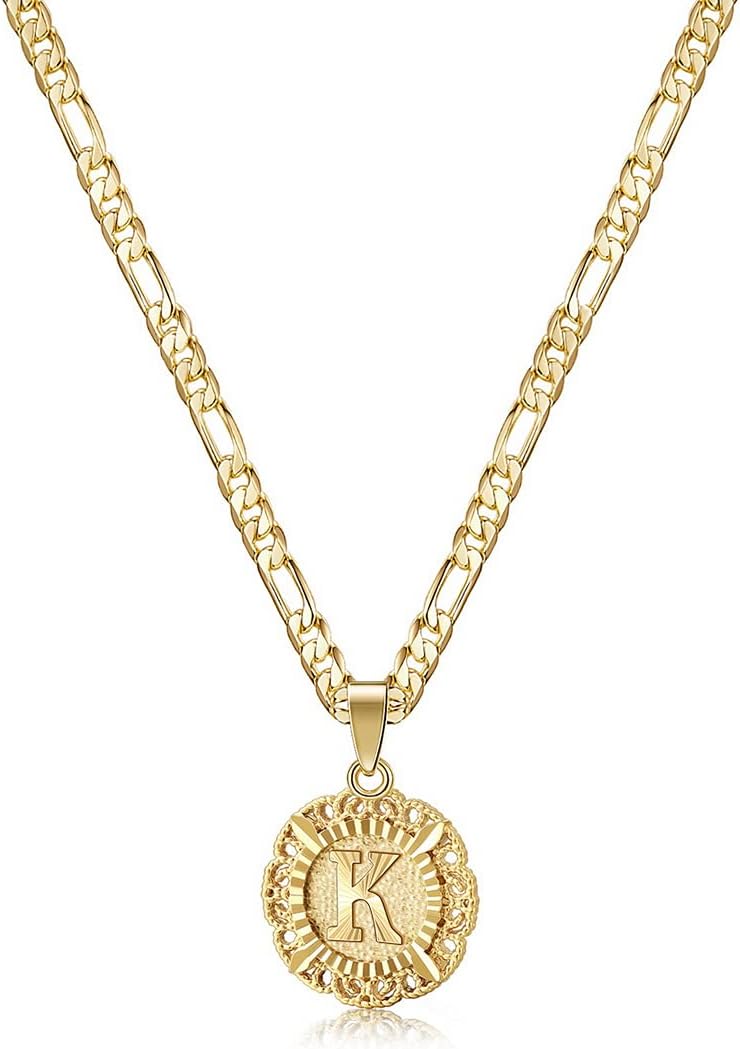 KissYan Initial Necklaces for Women | 14K Gold/White Gold/Rose Gold Plated, Round Letter Pendant with 20''+2'' Figaro Chain, Alphabets A-Z, Dainty Jewelry Gifts
