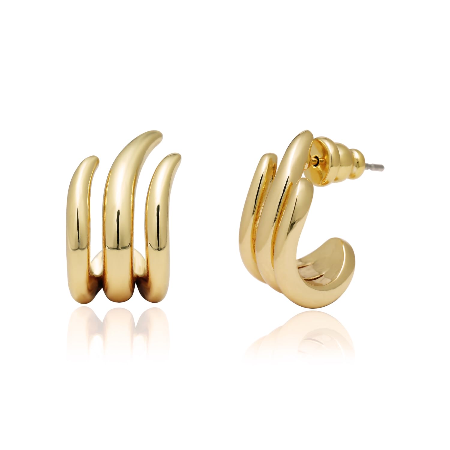 14K Gold Plated Illusion Stud Earrings for Women | Triple Huggie Hoop Earrings for One Hole| Trendy Simple Hypoallergenic Fashion Accessories Gold Jewelry Gifts for Womens