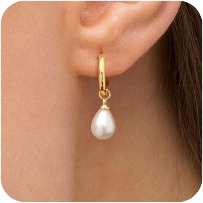 Robaice Pearl Earrings for Women, 14K Gold Plated Dangle Drop Earrings | Small Pearl Drop Huggie Hoop Earrings, Hypoallergenic Dainty Gold Earrings, Wedding Jewelry Gifts for Women Trendy