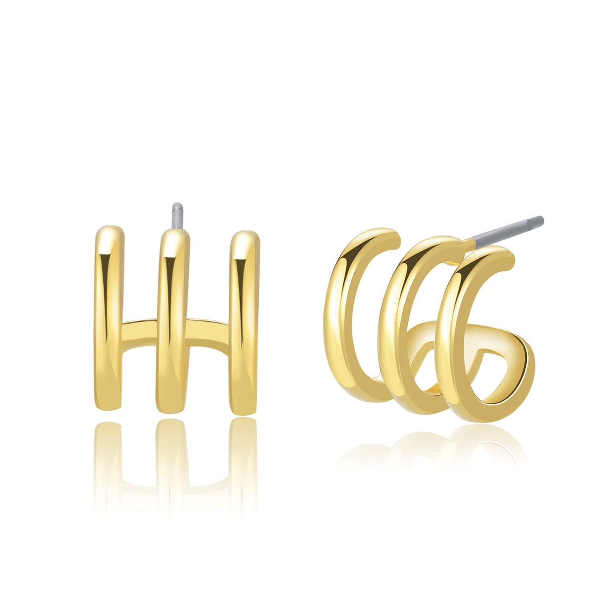 14K Gold Plated Illusion Stud Earrings for Women | Triple Huggie Hoop Earrings for One Hole| Trendy Simple Hypoallergenic Fashion Accessories Gold Jewelry Gifts for Womens