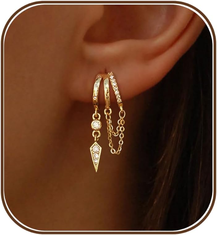 Dangle Earrings for Women,14k Gold Plated Triple Huggie Stud Earrings Cute Statement Chain Earring Dainty Drop Earrings for Women Trendy Gold Plated Jewelry