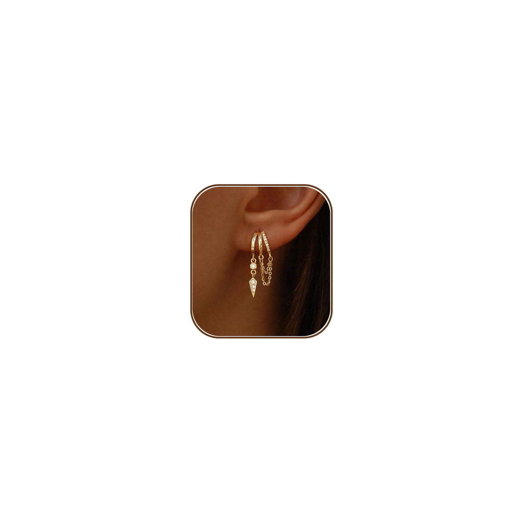 Dangle Earrings for Women,14k Gold Plated Triple Huggie Stud Earrings Cute Statement Chain Earring Dainty Drop Earrings for Women Trendy Gold Plated Jewelry
