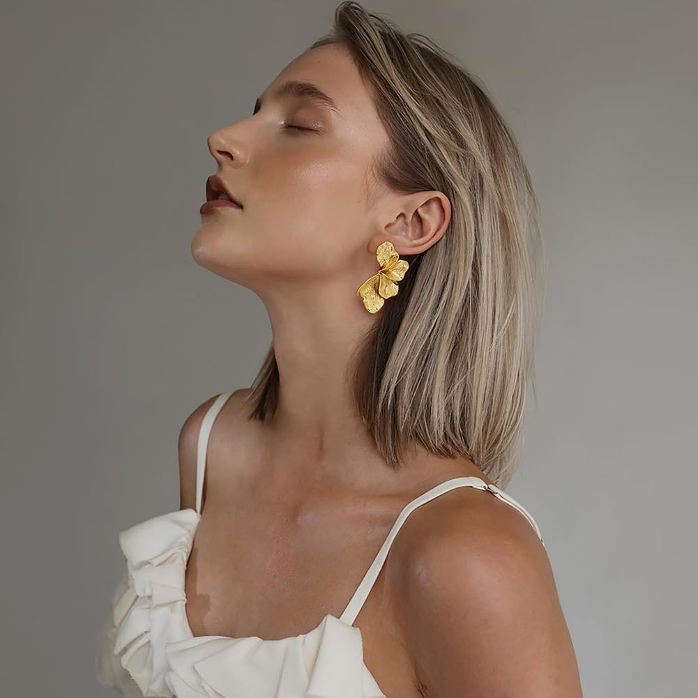 Chunky Gold Statement Earrings For Women Gold Plated Sectored Flower Leaf Shell Angel Wing Earrings Trendy Boho Jewelry For Women Large Stud Earrings Hypoallergenic Earrings Gold Jewelry Gift