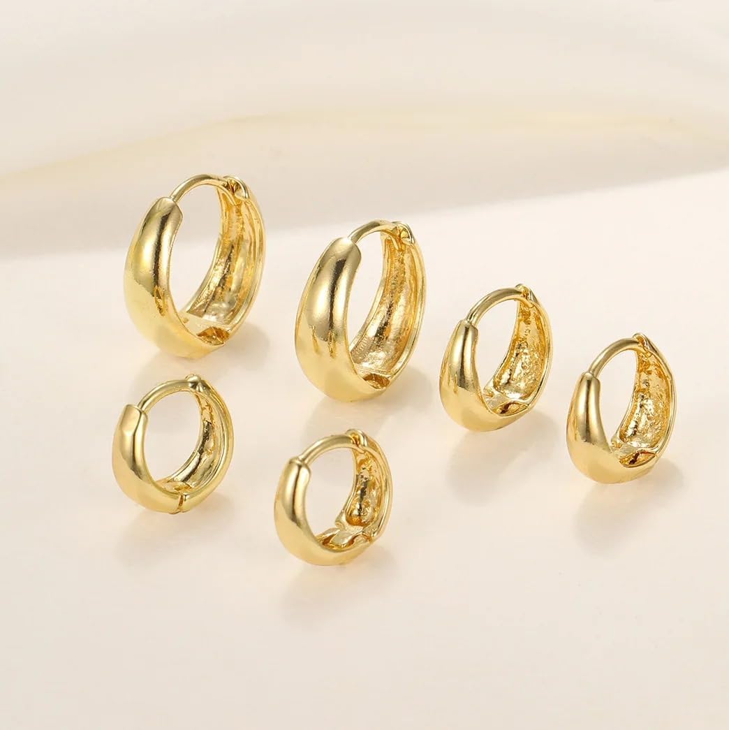 3 Pairs Gold Hoop Earrings Set for Women Trendy Chunky Small Huggie Jewelry | Hypoallergenic Silver Post Earrings for Sensitive Ears Non Tarnish, Stacks for Multiple Piercings, Gifts for Women