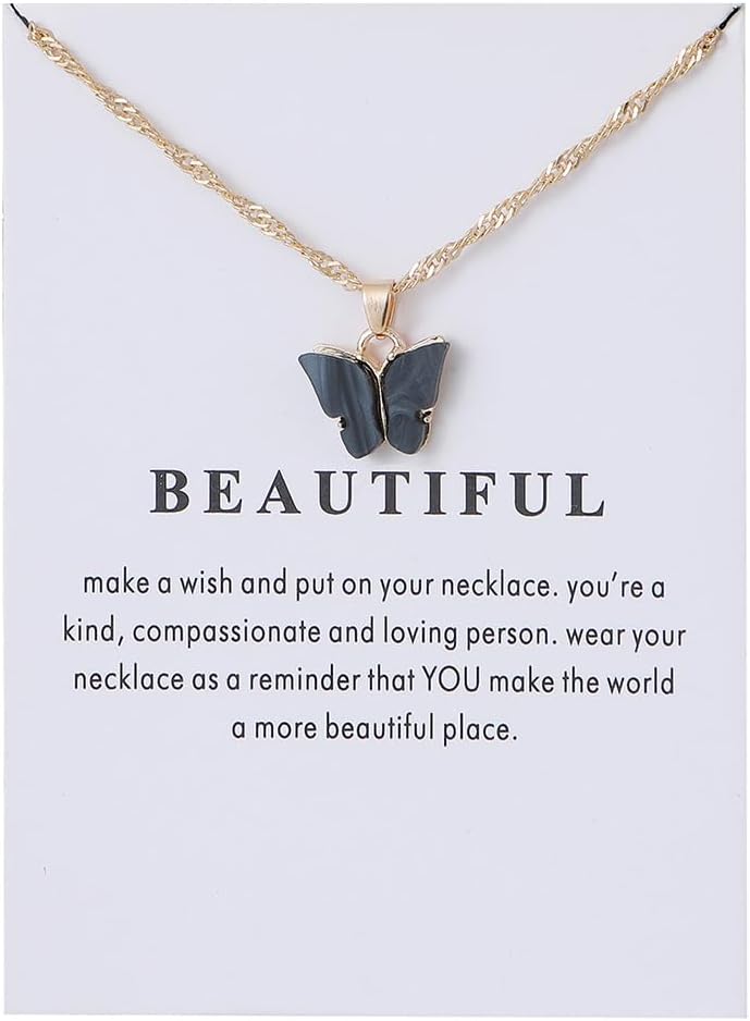 Caiyao Sweet Cute Colorful Butterfly Adjustable Clavicle Chain Lightweight Arcylic Insect Necklace with Message Card Friendship Good Luck Bohemian Jewelry for Women