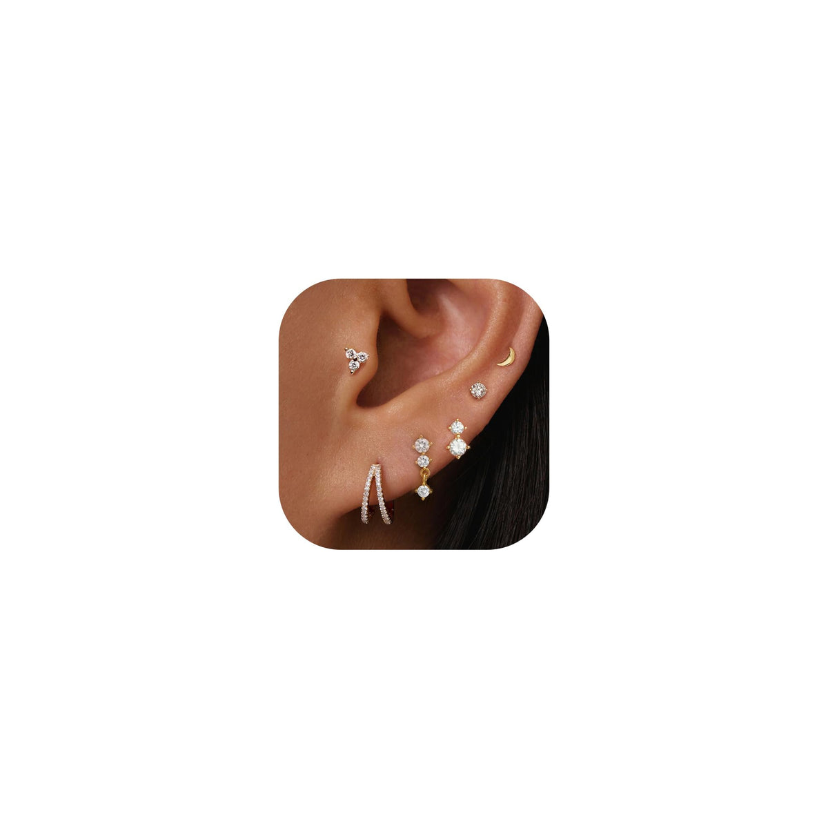 6 Pairs 14K Gold Plated Stud Earrings for Women, CZ Cartilage Stack Set | Hypoallergenic, Small Cartilage Earrings, Multiple Piercing, Dainty Stacks, Lightweight for Daily Wear, Jewelry Gift