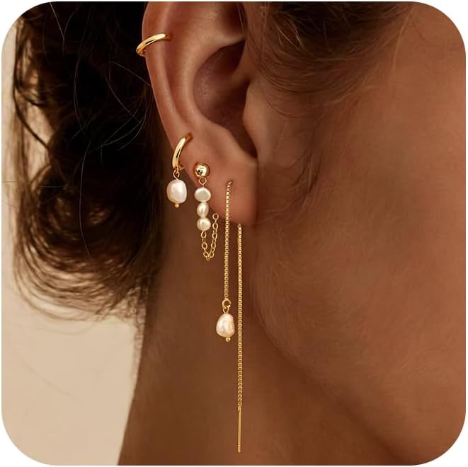 Moodear Gold Earrings for Women, 14K Plated Pearl Huggie Hoop Drop Jewelry | Hypoallergenic Lightweight Pearl Hoop Earrings Designed for Multiple Piercings, Cartilage Styling with Everyday Wear