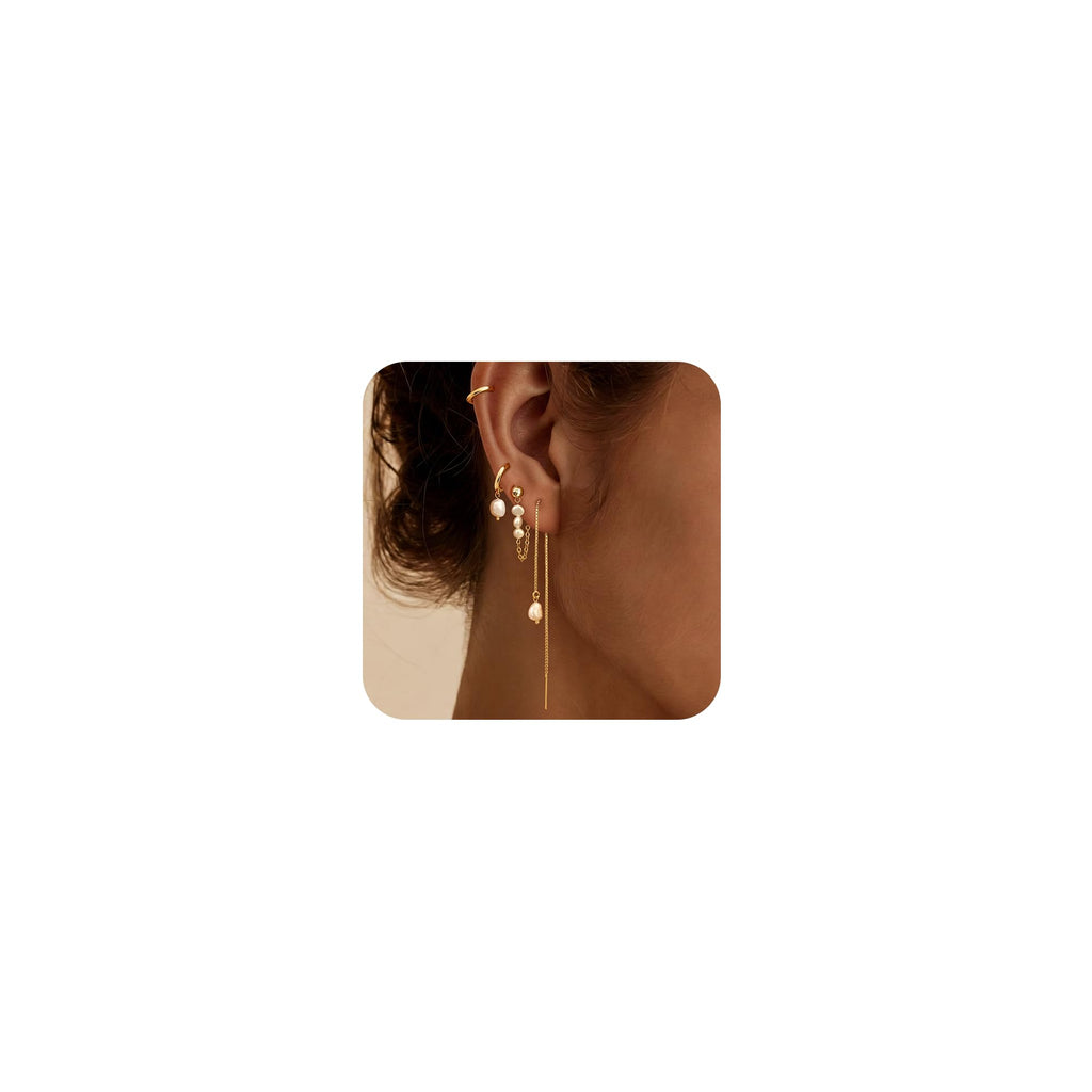 Moodear Gold Earrings for Women, 14K Plated Pearl Huggie Hoop Drop Jewelry | Hypoallergenic Lightweight Pearl Hoop Earrings Designed for Multiple Piercings, Cartilage Styling with Everyday Wear