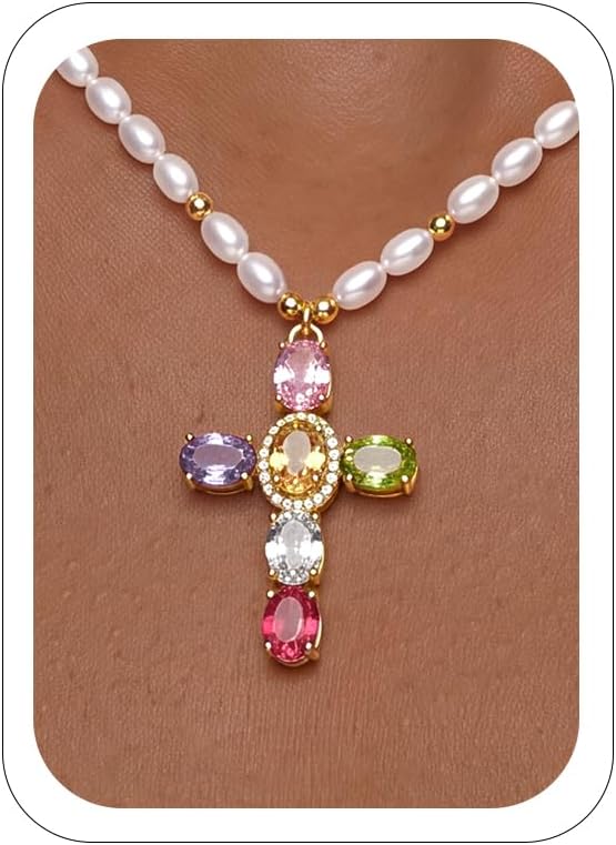 DEARMAY 14K Gold Plated Colorful CZ Cross Necklace for Women, Multi-Color Cubic Zirconia Beaded Station Chain Dainty Statement Pendant Jewelry Gifts