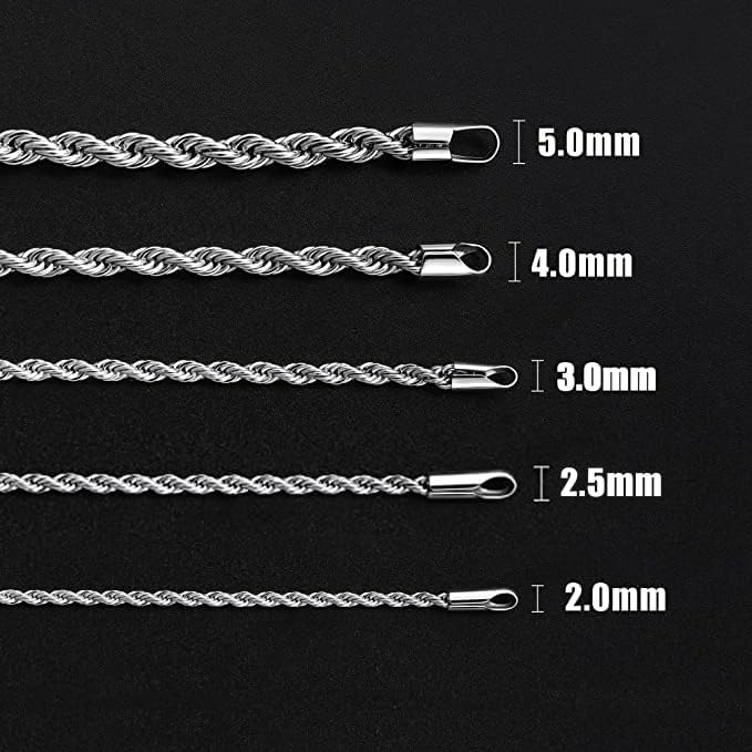 Fiusem 3mm Rope Chain Necklace for Men, Silver Tone Mens Chain Necklace, Stainless Steel Necklace Chain for Men Women, Jewelry Gift