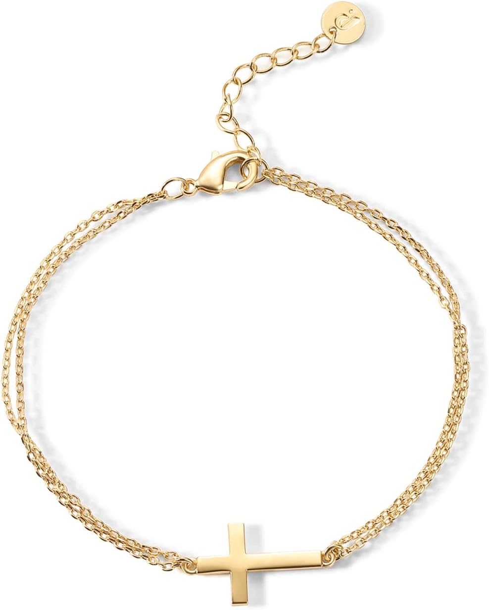 PAVOI 14K Gold Plated Sideways Cross Bracelet for Women, Religious Bracelet | Sideways Cross with Cubic Zirconia Religious Station Bracelet, Jewelry Confirmation Gift