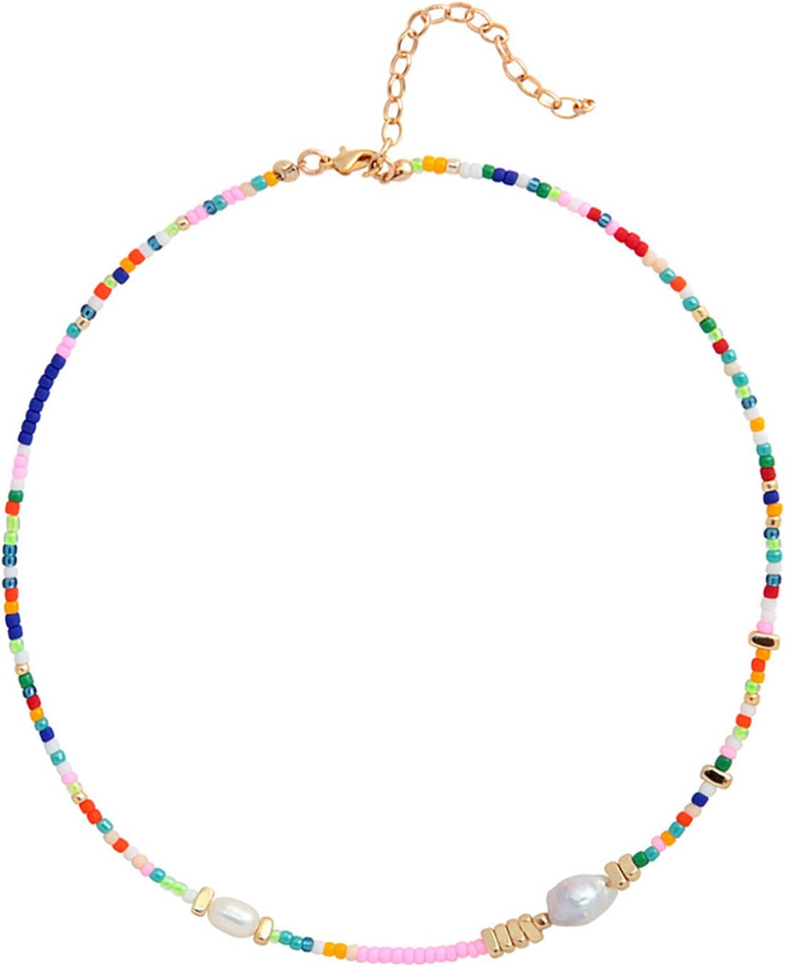 Wellike Freshwater Pearl Beaded Necklace for Women Handmade Boho Colorful Glass Beads Choker Necklace Stainless Steel 18K Gold Plated Bohemian Women Summer Jewelry Gifts