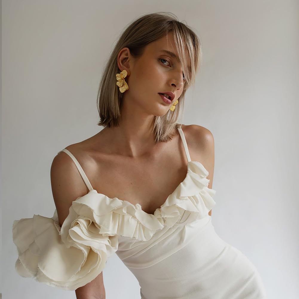 Chunky Gold Statement Earrings For Women Gold Plated Sectored Flower Leaf Shell Angel Wing Earrings Trendy Boho Jewelry For Women Large Stud Earrings Hypoallergenic Earrings Gold Jewelry Gift