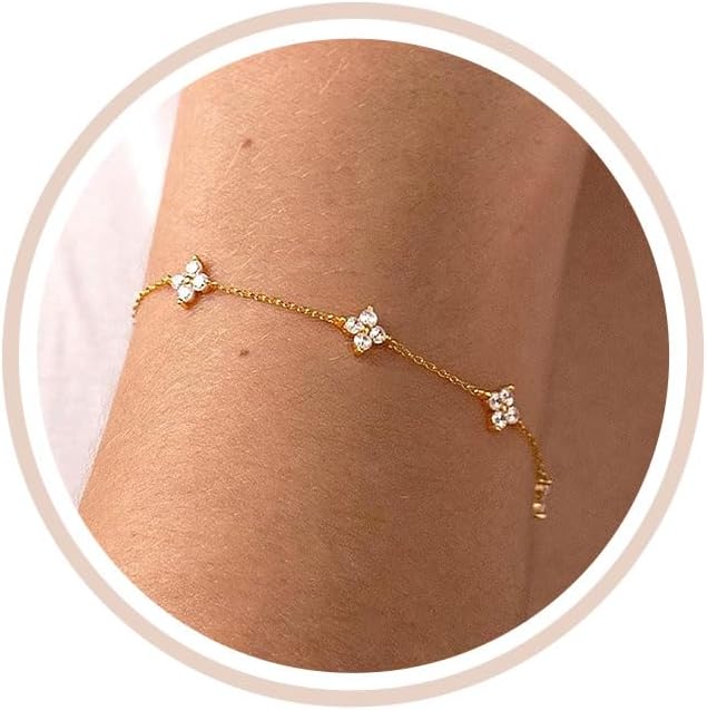 Dainty Silver Gold Bracelets for Women Trendy Non Tarnish 14K Gold Plated Cute Clover Bracelet Stackable Daisy Cubic Zirconia Diamond Charm Bracelet Stack Waterproof Jewelry Gifts