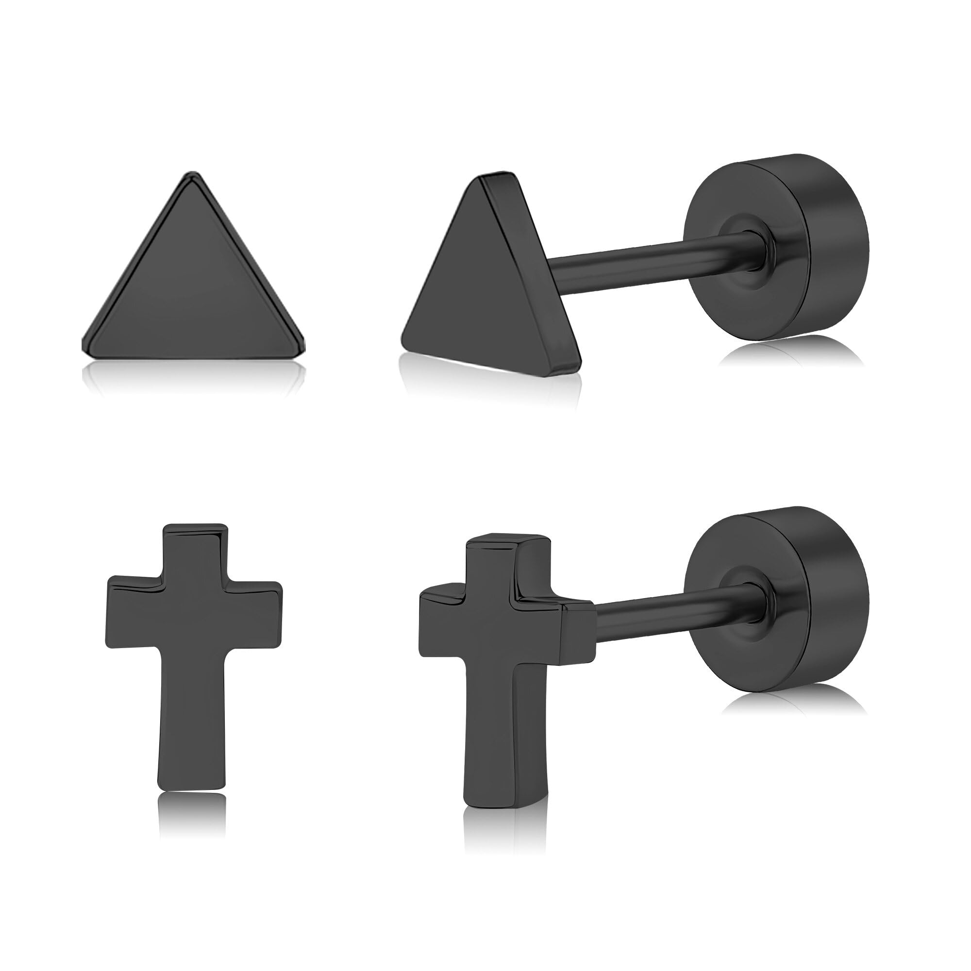 2 Pairs Flat Back Earrings Women, Titanium Star and Moon Earrings, Heart & CZ Flatback Stud, Butterfly & Lightning Screw Back, Crosses and Triangles Stud, Gold/Pink/Silver/Black Options