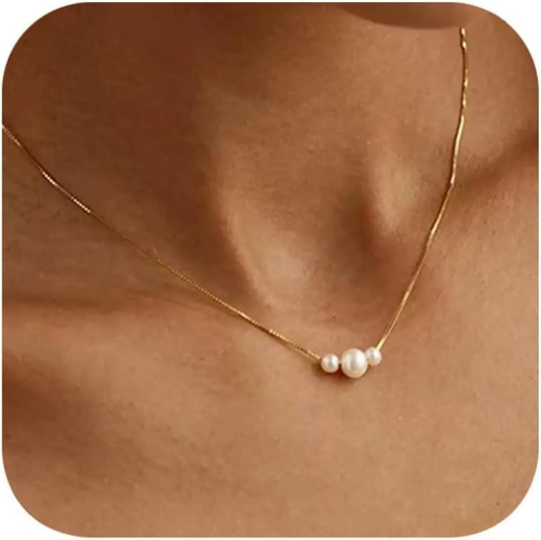 Freshwater Pearl Necklace for Women, Dainty 14K Gold Plated Pendant Necklace, Stainless Steel Minimalist Jewelry for Everyday Wear, Birthday Anniversary Bridal Gift