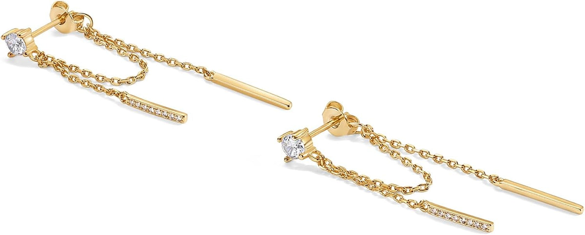 PAVOI 18K Gold Plated Drop Chain Earrings for Women, Dangle Chain Studs | Hypoallergenic Earrings with 925 Sterling Silver Posts, Trendy Cubic Zirconia & Ball Threader Earrings