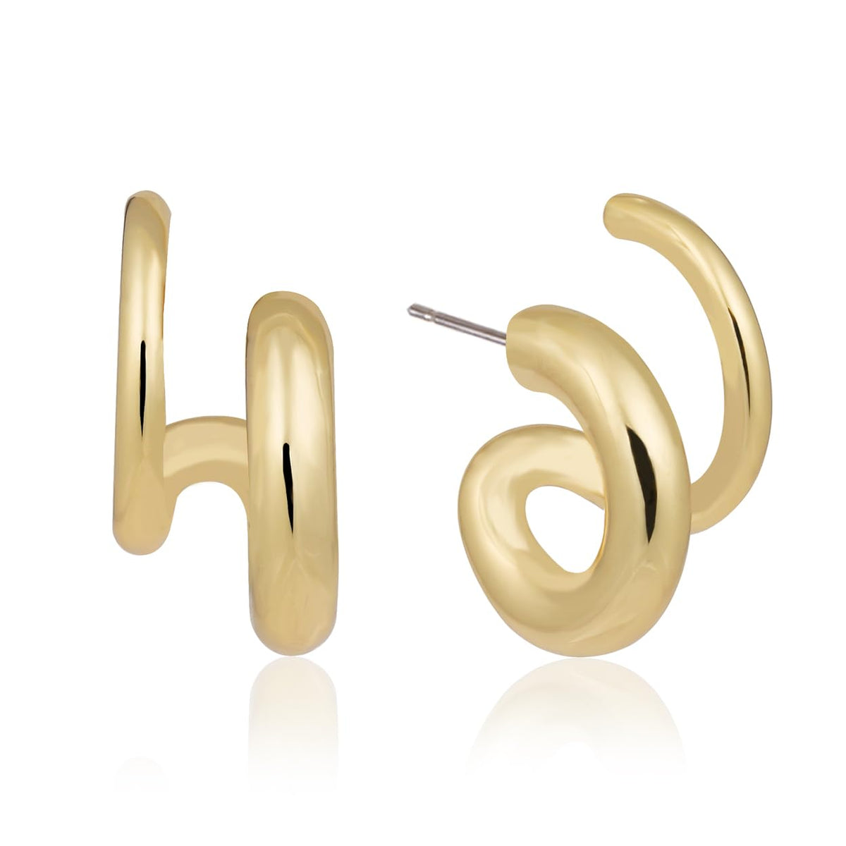 14K Gold Plated Illusion Stud Earrings for Women | Triple Huggie Hoop Earrings for One Hole| Trendy Simple Hypoallergenic Fashion Accessories Gold Jewelry Gifts for Womens